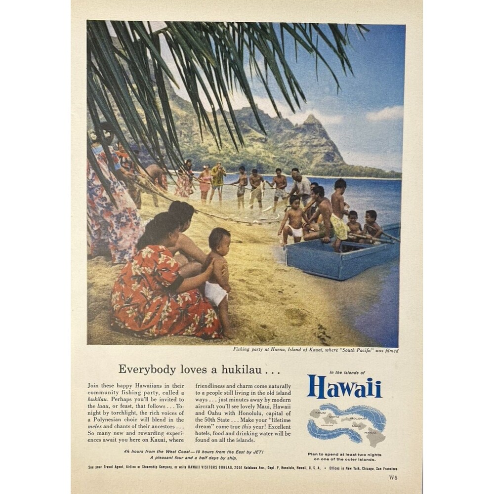 Hawaii Visitors Bureau "Everybody Loves a Hukilau" Vintage Print Ad 1960